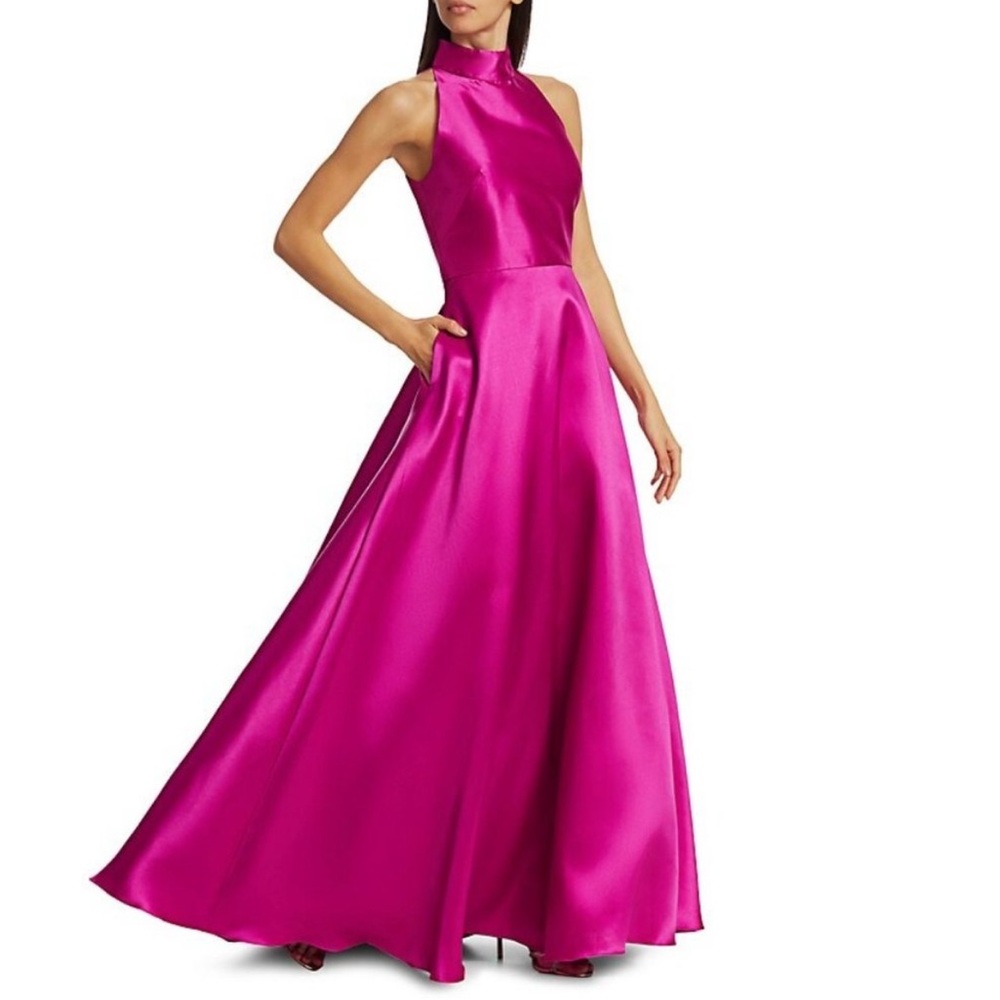 ML by Monique Lhuillier Halter Satin Ball Gown in Magenta